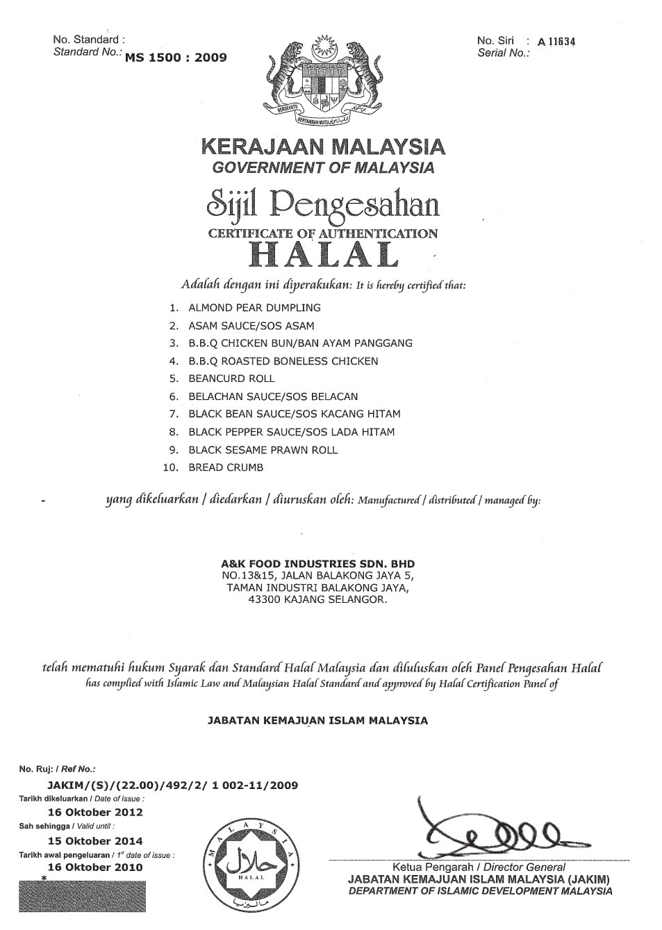 Halal Certificates A K Food Industries Sdn Bhd